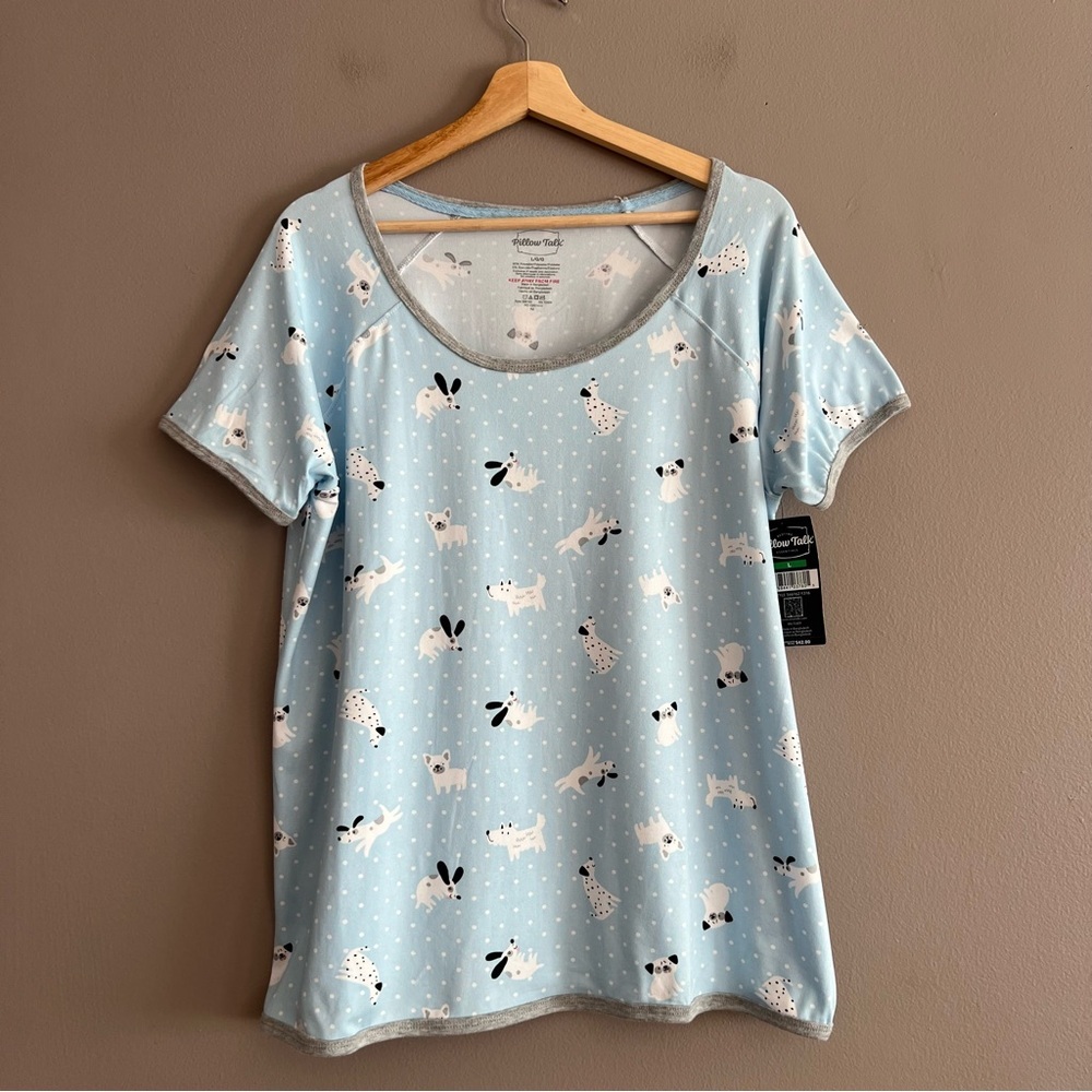 Pillow Talk Dog Print Soft Cozy Pajama Shirt Top Sleepwear Loungewear Blue Sz L